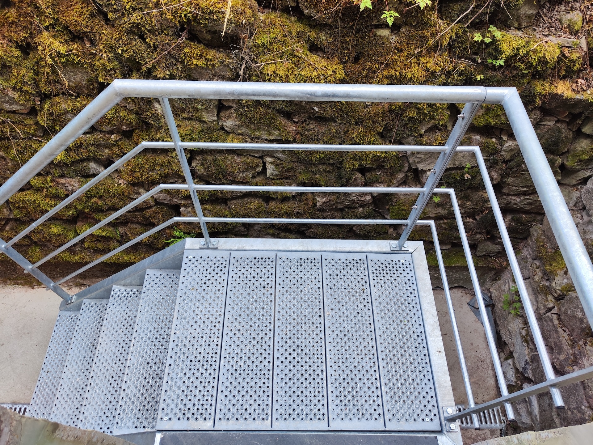 Escalier métallique extérieur contre mur végétalisé.
